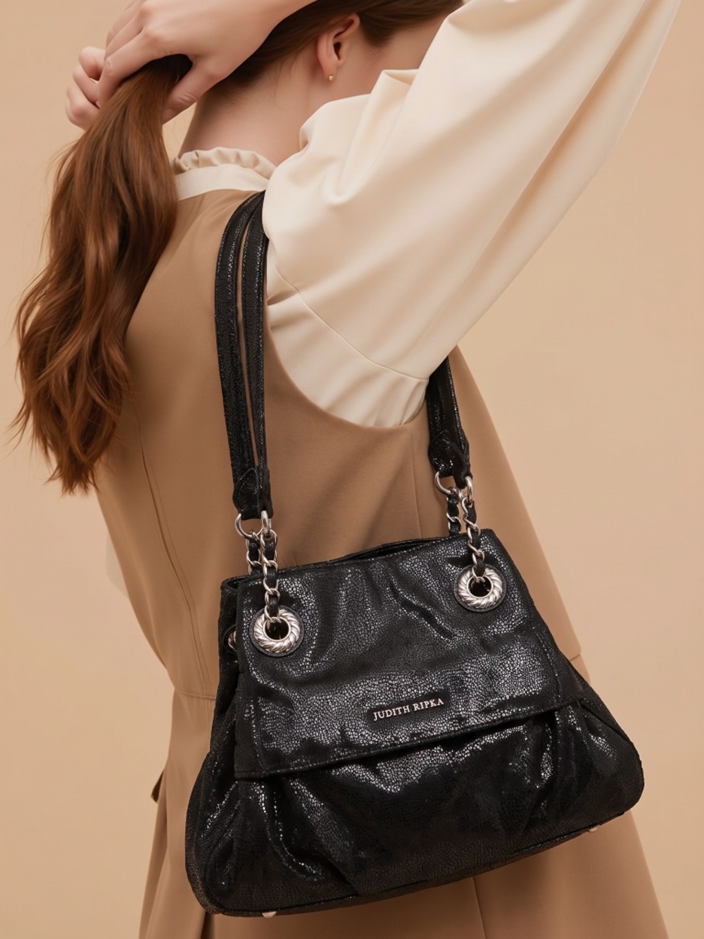 Judith Ripka Black Shoulder Bag with Silver Hardware